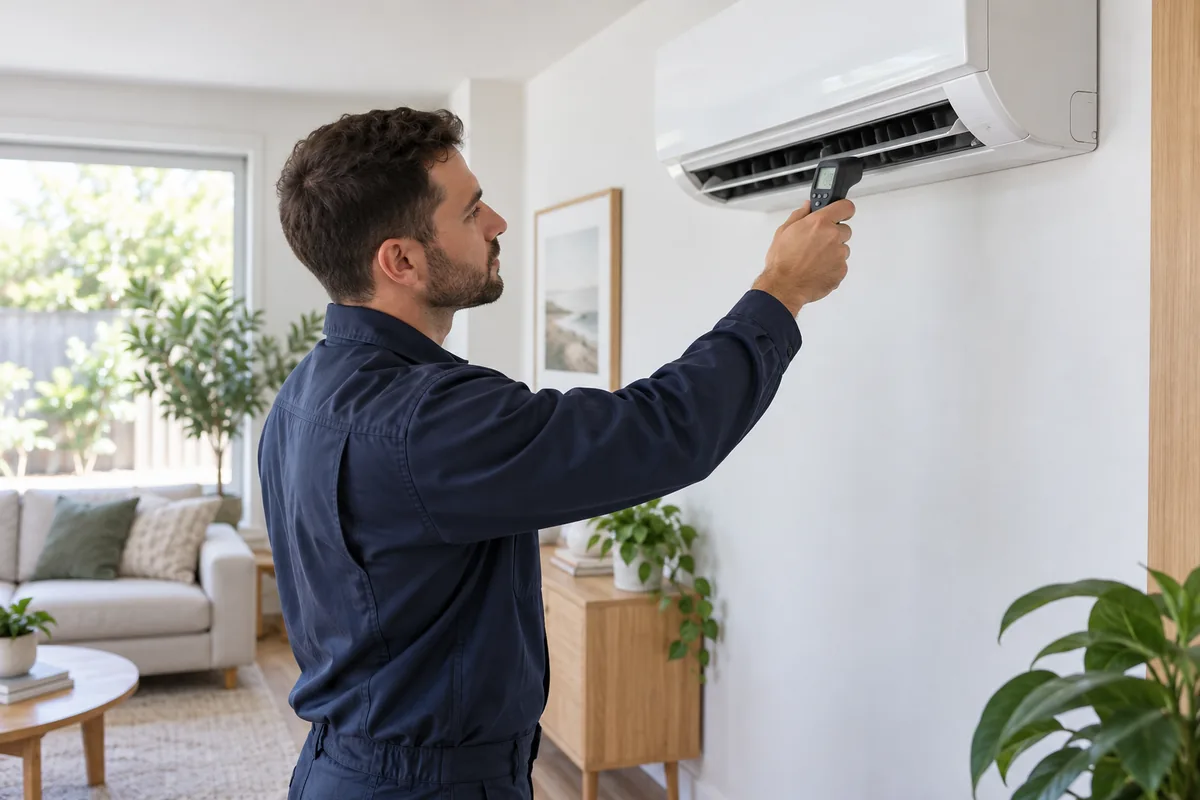 Technik kontroluje teplotu vzduchu z nástennej klimatizácie